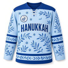 Load image into Gallery viewer, Blue Pottery Olive Hanukkah Hockey Jersey in Pottery Sky Glaze, front view – custom name and number