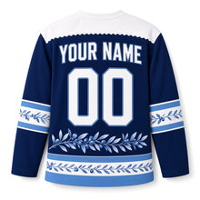 Load image into Gallery viewer, Blue Pottery Olive Hanukkah Hockey Jersey in Pottery Indigo, back view with your name and number