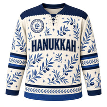Load image into Gallery viewer, Blue Pottery Olive Hanukkah Hockey Jersey in Pottery Porcelain, front view – custom name and number