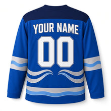 Load image into Gallery viewer, Blue Wave Ribbon Star Hanukkah Hockey Jersey in Ribbonwave Cobalt, back view with your name and number