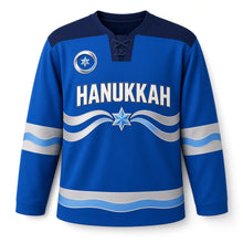 Load image into Gallery viewer, Blue Wave Ribbon Star Hanukkah Hockey Jersey in Ribbonwave Cobalt, front view – custom name and number