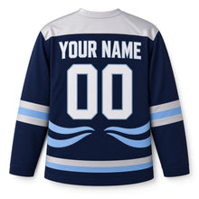 Load image into Gallery viewer, Blue Wave Ribbon Star Hanukkah Hockey Jersey in Ribbonwave Midnight, back view with your name and number