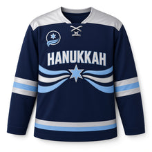 Load image into Gallery viewer, Blue Wave Ribbon Star Hanukkah Hockey Jersey in Ribbonwave Midnight, front view – custom name and number