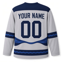 Load image into Gallery viewer, Blue Wave Ribbon Star Hanukkah Hockey Jersey in Ribbonwave Silver, back view with your name and number