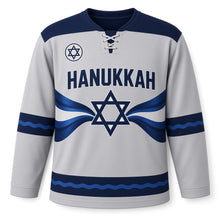 Load image into Gallery viewer, Blue Wave Ribbon Star Hanukkah Hockey Jersey in Ribbonwave Silver, front view – custom name and number