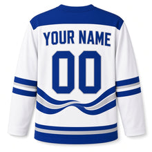 Load image into Gallery viewer, Blue Wave Ribbon Star Hanukkah Hockey Jersey in Ribbonwave Snow, back view with your name and number