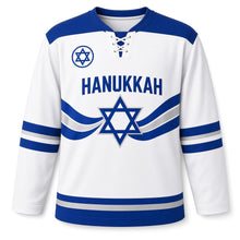 Load image into Gallery viewer, Blue Wave Ribbon Star Hanukkah Hockey Jersey in Ribbonwave Snow, front view – custom name and number