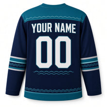 Load image into Gallery viewer, Blue Whale Starry Sea Hanukkah Hockey Jersey in Whale Deep Navy, back view with your name and number