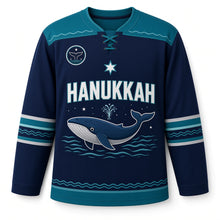 Load image into Gallery viewer, Blue Whale Starry Sea Hanukkah Hockey Jersey in Whale Deep Navy, front view – custom name and number