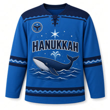 Load image into Gallery viewer, Blue Whale Starry Sea Hanukkah Hockey Jersey in Whale Ocean Blue, front view – custom name and number