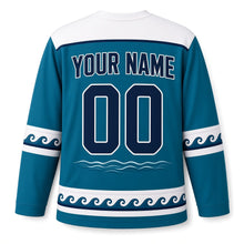 Load image into Gallery viewer, Blue Whale Starry Sea Hanukkah Hockey Jersey in Whale Teal, back view with your name and number