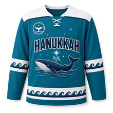 Load image into Gallery viewer, Blue Whale Starry Sea Hanukkah Hockey Jersey in Whale Teal, front view – custom name and number