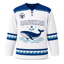 Load image into Gallery viewer, Blue Whale Starry Sea Hanukkah Hockey Jersey in Whale Sea Foam, front view – custom name and number