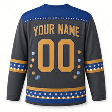 Load image into Gallery viewer, Brass Menorah Bokeh Hanukkah Hockey Jersey in Bokeh Charcoal, back view with your name and number