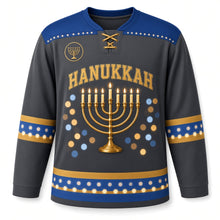 Load image into Gallery viewer, Brass Menorah Bokeh Hanukkah Hockey Jersey in Bokeh Charcoal, front view – custom name and number