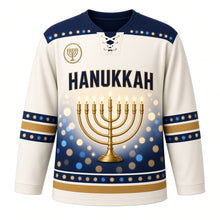 Load image into Gallery viewer, Brass Menorah Bokeh Hanukkah Hockey Jersey in Bokeh Ivory, front view – custom name and number