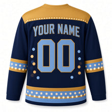 Load image into Gallery viewer, Brass Menorah Bokeh Hanukkah Hockey Jersey in Bokeh Midnight, back view with your name and number