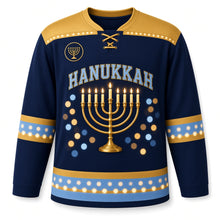 Load image into Gallery viewer, Brass Menorah Bokeh Hanukkah Hockey Jersey in Bokeh Midnight, front view – custom name and number