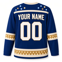 Load image into Gallery viewer, Brass Menorah Bokeh Hanukkah Hockey Jersey in Bokeh Sapphire, back view with your name and number
