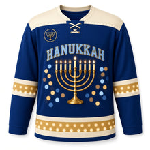 Load image into Gallery viewer, Brass Menorah Bokeh Hanukkah Hockey Jersey in Bokeh Sapphire, front view – custom name and number