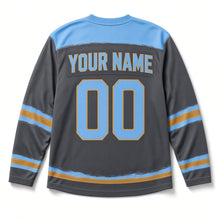 Load image into Gallery viewer, Brushstroke Flame Hanukkah Hockey Jersey in Brushstroke Charcoal, back view with your name and number