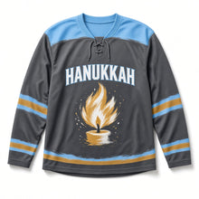 Load image into Gallery viewer, Brushstroke Flame Hanukkah Hockey Jersey in Brushstroke Charcoal, front view – custom name and number