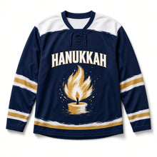 Load image into Gallery viewer, Brushstroke Flame Hanukkah Hockey Jersey in Brushstroke Navy, front view – custom name and number