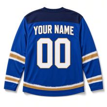Load image into Gallery viewer, Brushstroke Flame Hanukkah Hockey Jersey in Brushstroke Royal, back view with your name and number