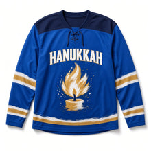 Load image into Gallery viewer, Brushstroke Flame Hanukkah Hockey Jersey in Brushstroke Royal, front view – custom name and number