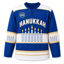 Load image into Gallery viewer, Candle Band Stripe Hanukkah Hockey Jersey in Candle Blue, front view – custom name and number