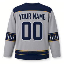 Load image into Gallery viewer, Candle Band Stripe Hanukkah Hockey Jersey in Heather Grey, back view with your name and number