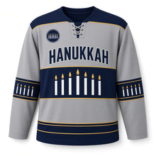 Load image into Gallery viewer, Candle Band Stripe Hanukkah Hockey Jersey in Heather Grey, front view – custom name and number