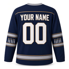 Load image into Gallery viewer, Candle Band Stripe Hanukkah Hockey Jersey in Deep Navy, back view with your name and number