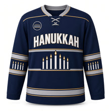 Load image into Gallery viewer, Candle Band Stripe Hanukkah Hockey Jersey in Deep Navy, front view – custom name and number