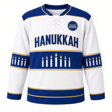 Load image into Gallery viewer, Candle Band Stripe Hanukkah Hockey Jersey in Wax White, front view – custom name and number