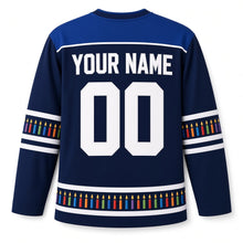 Load image into Gallery viewer, Candle Box Rainbow Hanukkah Hockey Jersey in Candlebox Navy, back view with your name and number