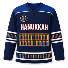 Load image into Gallery viewer, Candle Box Rainbow Hanukkah Hockey Jersey in Candlebox Navy, front view – custom name and number