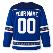 Load image into Gallery viewer, Candle Box Rainbow Hanukkah Hockey Jersey in Candlebox Royal, back view with your name and number
