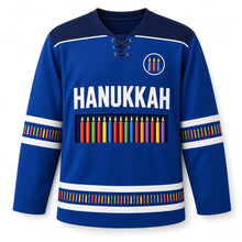 Load image into Gallery viewer, Candle Box Rainbow Hanukkah Hockey Jersey in Candlebox Royal, front view – custom name and number