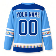 Load image into Gallery viewer, Candle Box Rainbow Hanukkah Hockey Jersey in Candlebox Sky, back view with your name and number