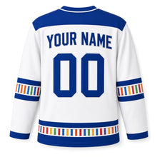 Load image into Gallery viewer, Candle Box Rainbow Hanukkah Hockey Jersey in Candlebox Snow, back view with your name and number
