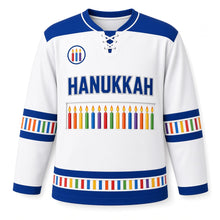 Load image into Gallery viewer, Candle Box Rainbow Hanukkah Hockey Jersey in Candlebox Snow, front view – custom name and number