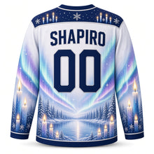 Load image into Gallery viewer, Candle Flame Aurora Hanukkah Hockey Jersey in Frost White, back view with your name and number