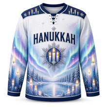Load image into Gallery viewer, Candle Flame Aurora Hanukkah Hockey Jersey in Frost White, front view – custom name and number