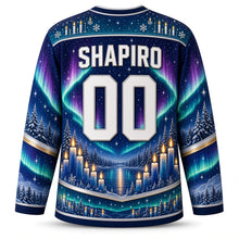 Load image into Gallery viewer, Candle Flame Aurora Hanukkah Hockey Jersey in Aurora Indigo, back view with your name and number