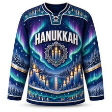 Load image into Gallery viewer, Candle Flame Aurora Hanukkah Hockey Jersey in Aurora Indigo, front view – custom name and number