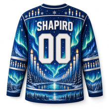 Load image into Gallery viewer, Candle Flame Aurora Hanukkah Hockey Jersey in Northern Teal, back view with your name and number