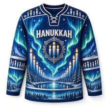 Load image into Gallery viewer, Candle Flame Aurora Hanukkah Hockey Jersey in Northern Teal, front view – custom name and number