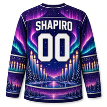 Load image into Gallery viewer, Candle Flame Aurora Hanukkah Hockey Jersey in Twilight Violet, back view with your name and number
