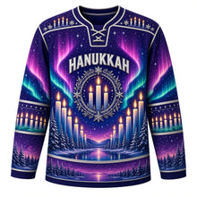 Load image into Gallery viewer, Candle Flame Aurora Hanukkah Hockey Jersey in Twilight Violet, front view – custom name and number